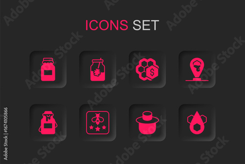 Set Type of bee, Jar honey and dipper stick, Beekeeper with protect hat, Honeycomb location, Sale honeycomb and icon. Vector
