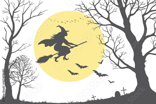 Halloween Witch vector with Transparent Background Featuring Full Moon, Graveyard, and Leafless Trees for Spooky Design Assets