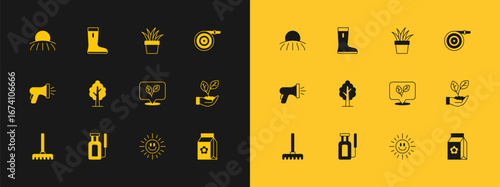 Set Garden hose, sprayer for water, Leaf, Sun, Tree, Plant in pot, Sunrise and Waterproof rubber boot icon. Vector