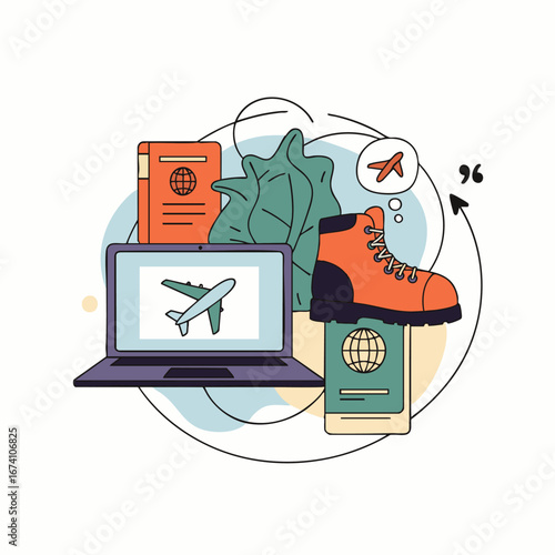 This illustration depicts the exciting process of planning a global adventure, showcasing a laptop, passports, and a hiking boot, symbolizing online booking and exploration.