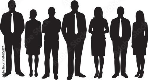 Diverse group of business professionals standing together as a silhouette isolated on white background