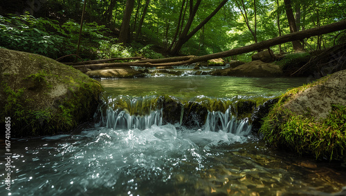 Fresh Water Stream Flowing Over Rocks in Lush Forest