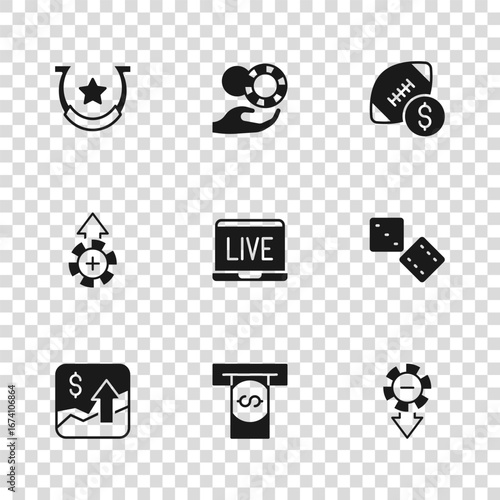 Set Automated teller machine and money, Game dice, Casino chips, Online poker table game, American football betting, Horseshoe, Hand holding casino and icon. Vector