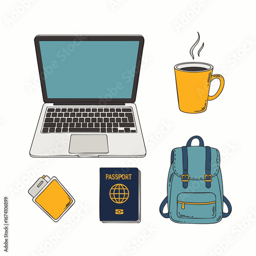 This vibrant illustration showcases essential items for modern travel and remote work, featuring a laptop, backpack, passport, and a steaming coffee mug, perfect for digital nomads.