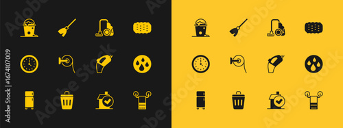 Set Sponge, Trash can, Portable vacuum cleaner, Home cleaning service, Toilet paper roll, Vacuum, Bucket with foam and bubbles and Handle broom icon. Vector