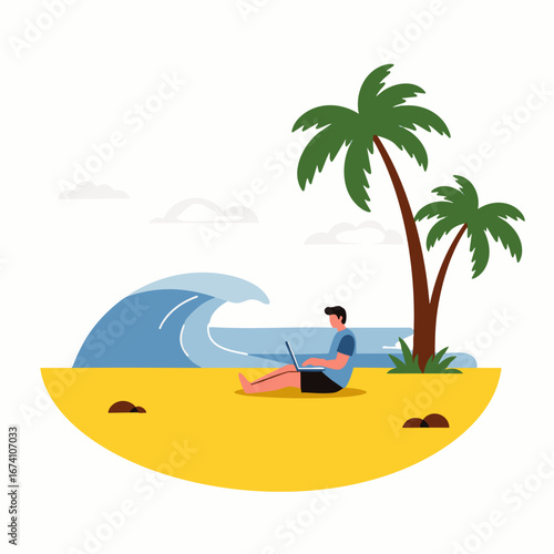 A person works remotely on a tropical beach, enjoying the freedom of a digital nomad lifestyle under a palm tree as a wave crashes.