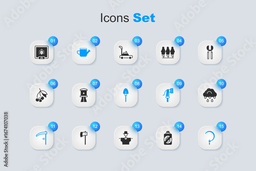 Set Spray against insects, Water tower, Watering can, Scythe, Sickle, Cloud with rain, Colorado beetle and Shovel icon. Vector