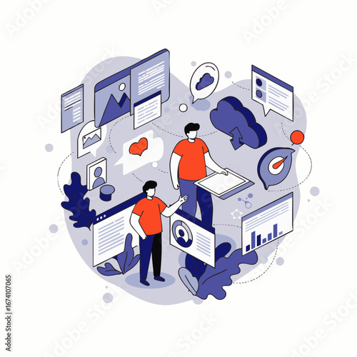 Two individuals collaboratively manage a complex digital marketing strategy, overseeing social media, data analytics, and cloud computing within an isometric illustration.