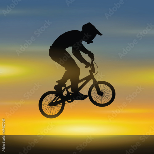 Bmx cyclist wearing helmet riding bmx and jumping side view silhouette against the evening sky. Male riding bmx bike in bmx racing game black silhouette against bright evening sky during sunset.	