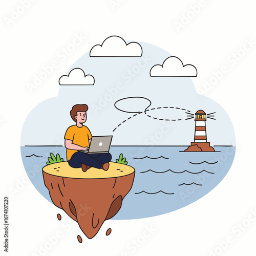 A focused individual works remotely on a laptop from a peaceful floating island, establishing a digital connection with a guiding lighthouse across the vast ocean.