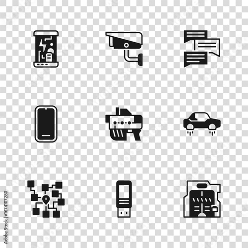 Set USB flash drive, Fantastic flying car, Futuristic sliding doors, weapon, Speech bubble chat, Cryogenic capsules, Security camera and Mobile phone icon. Vector