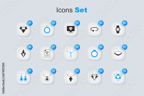 Set Diamond, Certificate of the diamond, engagement ring, Earrings, Pearl necklace, and Pendant icon. Vector