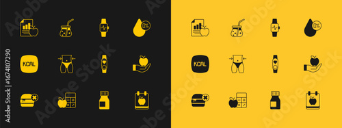 Set Water balance, Calorie calculator, Smart watch with heart, Vitamins, Women waist, Diet plan and Fresh smoothie icon. Vector