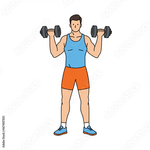 Fitness enthusiast performing a shoulder press with dumbbells, workout illustration