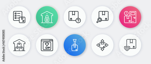 Set line Crane with cardboard box, Home delivery services, Full warehouse, Carton, Search package, Delivery security shield and Online app tracking icon. Vector