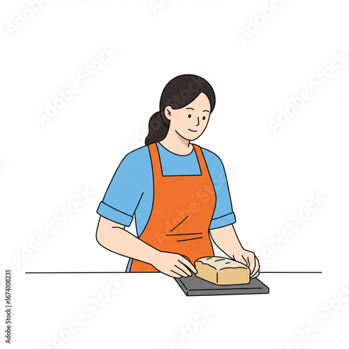 Charming character illustration of a woman in an apron enjoying the simple process of slicing a fresh loaf of homemade bread for a meal
