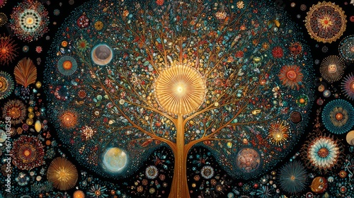 Glowing feminine symbols intertwine to form a radiant tree of life mosaic.
