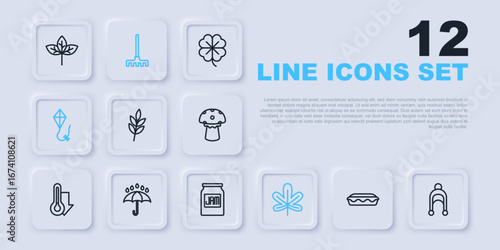 Set line Homemade pie, Winter hat, Leaf, Chestnut leaf, Kite, Umbrella and rain drops, Garden rake and Jam jar icon. Vector