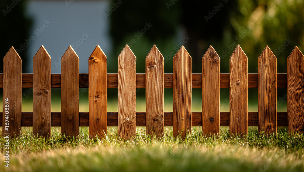 Fototapeta premium Wooden picket fence in a green yard during late afternoon sunlight with a soft focus background of trees Generative AI