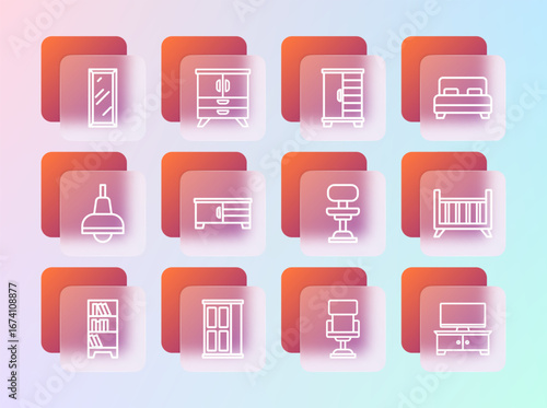 Set line Big bed, Wardrobe, Office chair, TV table stand, full length mirror and Chest of drawers icon. Vector