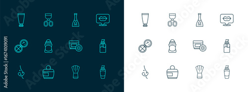 Set line Smiling lips, Cream or lotion cosmetic tube, Sunscreen cream, Makeup brush, Deodorant roll, Bottle of nail polish, and Eyelash curler icon. Vector