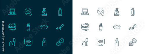 Set line Bottle of shampoo, Smiling lips, liquid soap, Tube hand cream, Cream or lotion cosmetic tube, Eye shadow palette with brush and Facial mask icon. Vector
