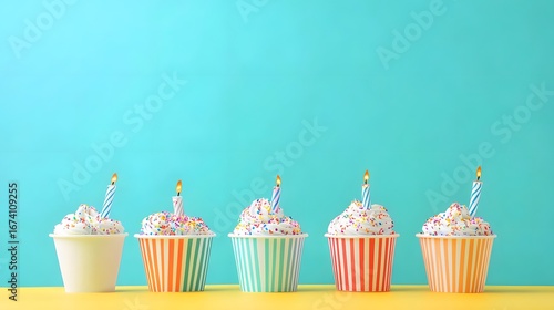 Festive Birthday Cupcakes with Candles on Yellow and Teal Background