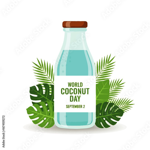 Celebrate World Coconut Day with Refreshing Coconut Water in a Glass Bottle Surrounded by Lush Green Tropical Leaves - September 7th