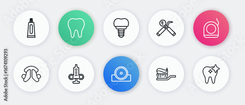 Set line Otolaryngological head reflector, Dental floss, tooth plate, Toothbrush with toothpaste, mirror and probe, implant, whitening and Syringe icon. Vector