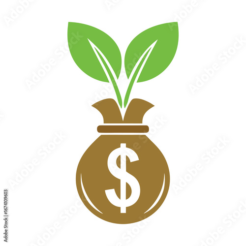 Money bag with dollar sign and green leaves on white background currency