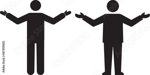 Two black human figures with open arms in a questioning gesture silhouette isolated on white background