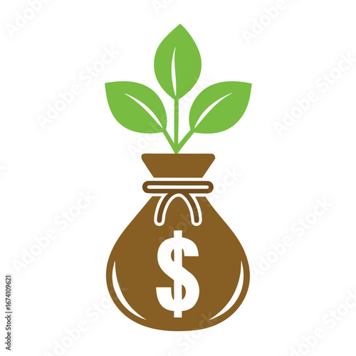 Money bag with dollar sign and growing green plant on white background growth