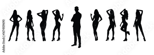 Businessman standing among group of beautiful sexy female model vector black silhouettes.