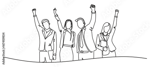 continuous line art of a group of men and women in work suits raising their hands and feeling happy about their work achievements. the concept of success and achievement in work. celebrating success