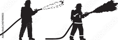 Two firefighter silhouettes spraying water from hoses on a white background silhouette isolated on white background