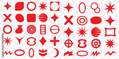 Brutalist abstract geometric shapes. Futuristic Y2K graphic icons. Collection of different graphic elements, star, sparkle, shapes, spheres, icons, frame, graphic design, poster, merch, flyers. Vector