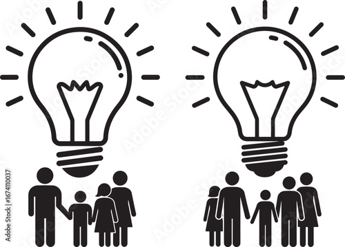 Two pairs of diverse stick figure families with bright light bulbs above representing ideas and innovation silhouette isolated on white background