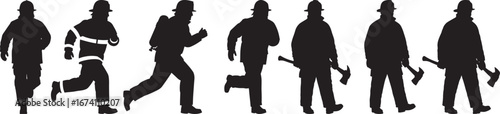 Collection of diverse firefighter silhouettes in action isolated on white background silhouette