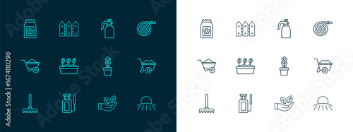 Set line Garden hose, sprayer for water, Flower in pot, Leaf hand, Plant, Pack full of seeds and fence wooden icon. Vector