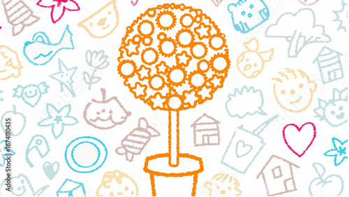 Illustration of a topiary tree in a pot with stars and circles surrounded by doodles and sketches silhouette