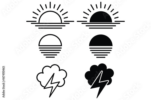 Sunrise, Sunset & Storm Weather Icons, Daylight and Thunderstorm Icons. 