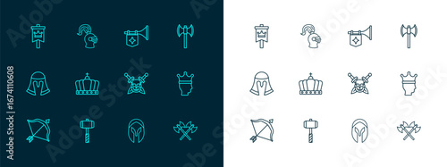Set line Medieval poleaxe, Battle hammer, Skull with sword, helmet, King crown, Trumpet flag, and icon. Vector