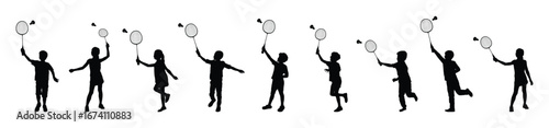 Children playing badminton in different positions black silhouette vector set collection.