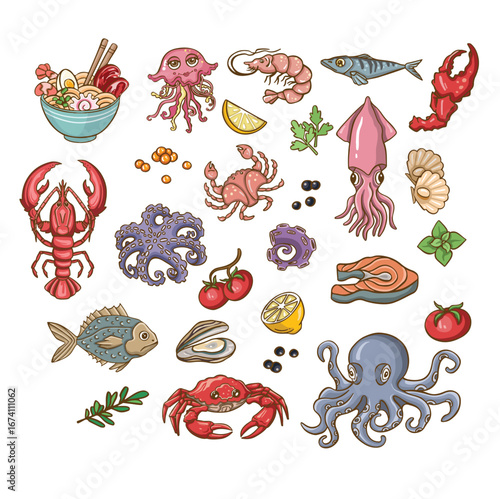 Big Set of seafood color cartoon