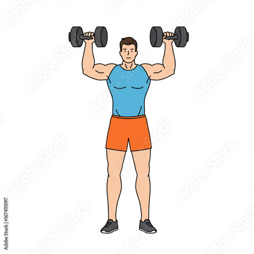Full-body illustration of a muscular animated man performing a dumbbell shoulder press, demonstrating an effective upper body workout for strength training and fitness