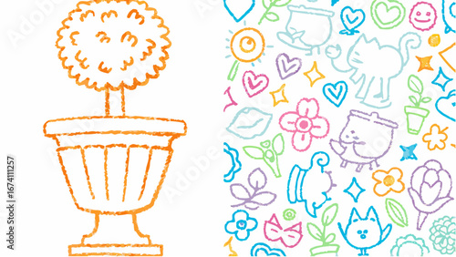 Illustration featuring a potted topiary and a collection of whimsical doodle style drawings on white silhouette