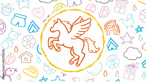 Illustration of a pegasus inside a yellow oval surrounded by various cartoon drawings and shapes silhouette