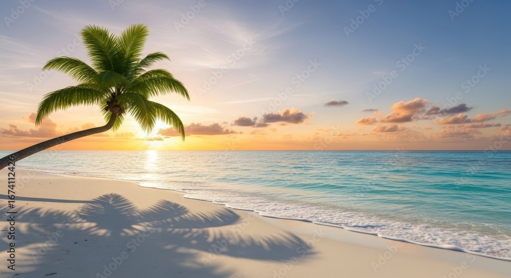 Obraz premium Idyllic tropical beach scene with a palm tree leaning over the white sand and turquoise ocean during a golden sunset