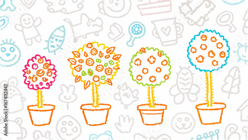 Childlike drawing of four potted topiary trees with colorful foliage on a doodle filled background silhouette