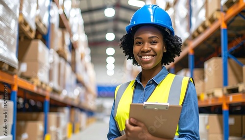 Portrait of a confident African American female worker in a hard hat and safety vest, managing inventory in a large warehouse